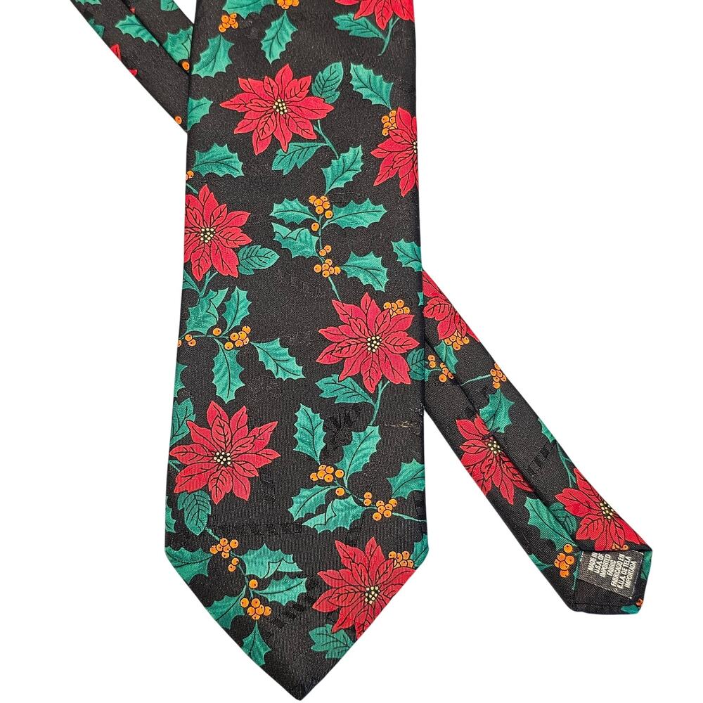 Christmas Holiday Tie Hallmark Yule Necktie Greeting Poinsettia Holly Black  USA